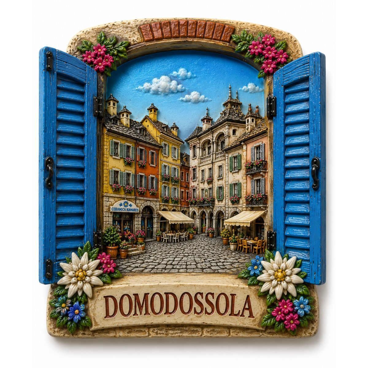 Magnete tridimensionale realizzato su progetto personalizzato, con forma, colori, rilievi e scritte sviluppati su misura.